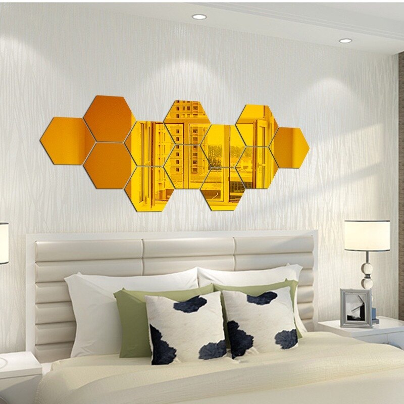 3D 12 Uds hexagonal pegatina de pared extraíble de vinilo decorativo pegatinas para espejos Casa de la decoración del arte DIY Civil ornamentales espejo de pared: Gold / S(4.6x4.0x2.3cm)