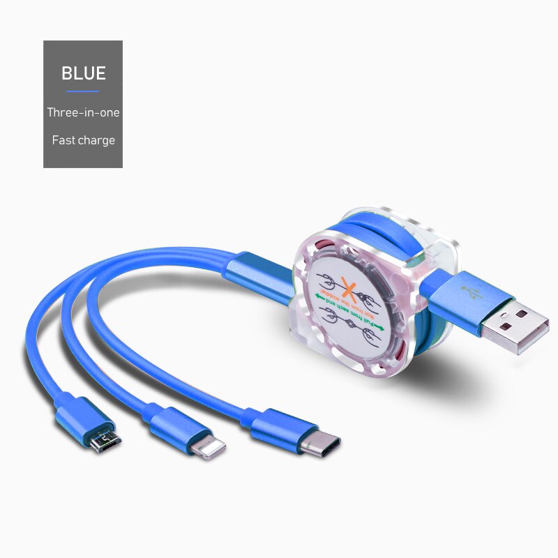 3 in1 2.4A USB Type C Fast Charging Data Cable One For Three Apply To Android Apple Type-C Smartphone 1.2m Nylon Braided Wire: C-BLUE