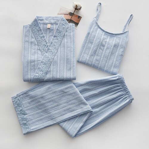 Japanse kimono lente en herfst katoenen damesbroek met lange mouwen bretels driedelig huispak pyjamapak zomer: Blauwe driedelige set / M