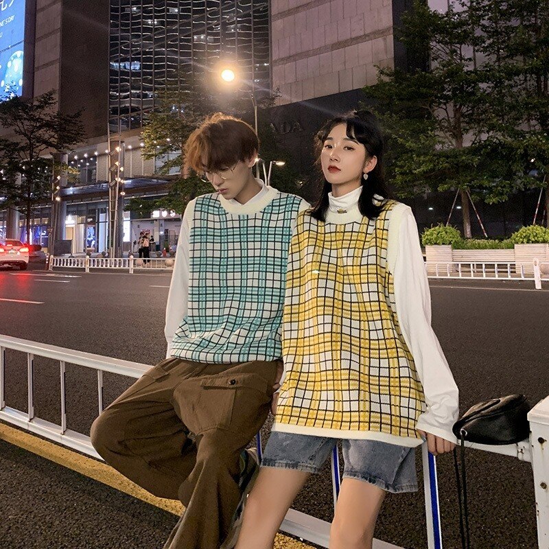 Hombres suéter chaleco otoño hombre chaleco a cuadros cuello par de Retro de coreana Ulzzang pijo Casual de gran tamaño 3XL Ins