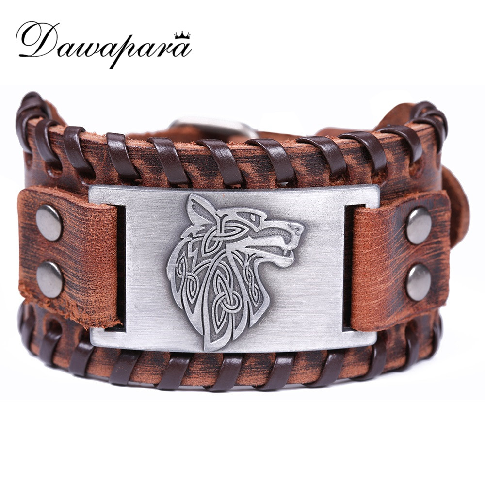 Dawapara Viking Wolf Hoofd Armband Voor Mannen Badge Charm Punk mannen Zwart Lederen Armband Brede Leren Armbanden Voor Vrouwen