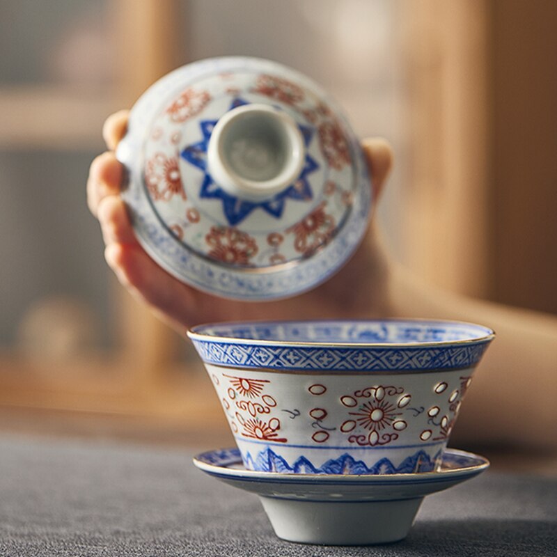 Creatieve Gaiwan Voor Thee Terrine Met Deksel Theewaar Blauw En Wit Theeceremonie Kopjes Thee Bowls Bloem Chinese Chawan