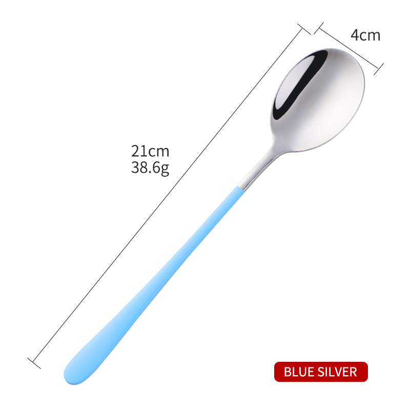 1PCS Korea Spoon Stainless Steel Soup Spoon Long Handle Gold Dessert Spoons Round Dinner Spoon Set Tableware Set: Light Blue Silver