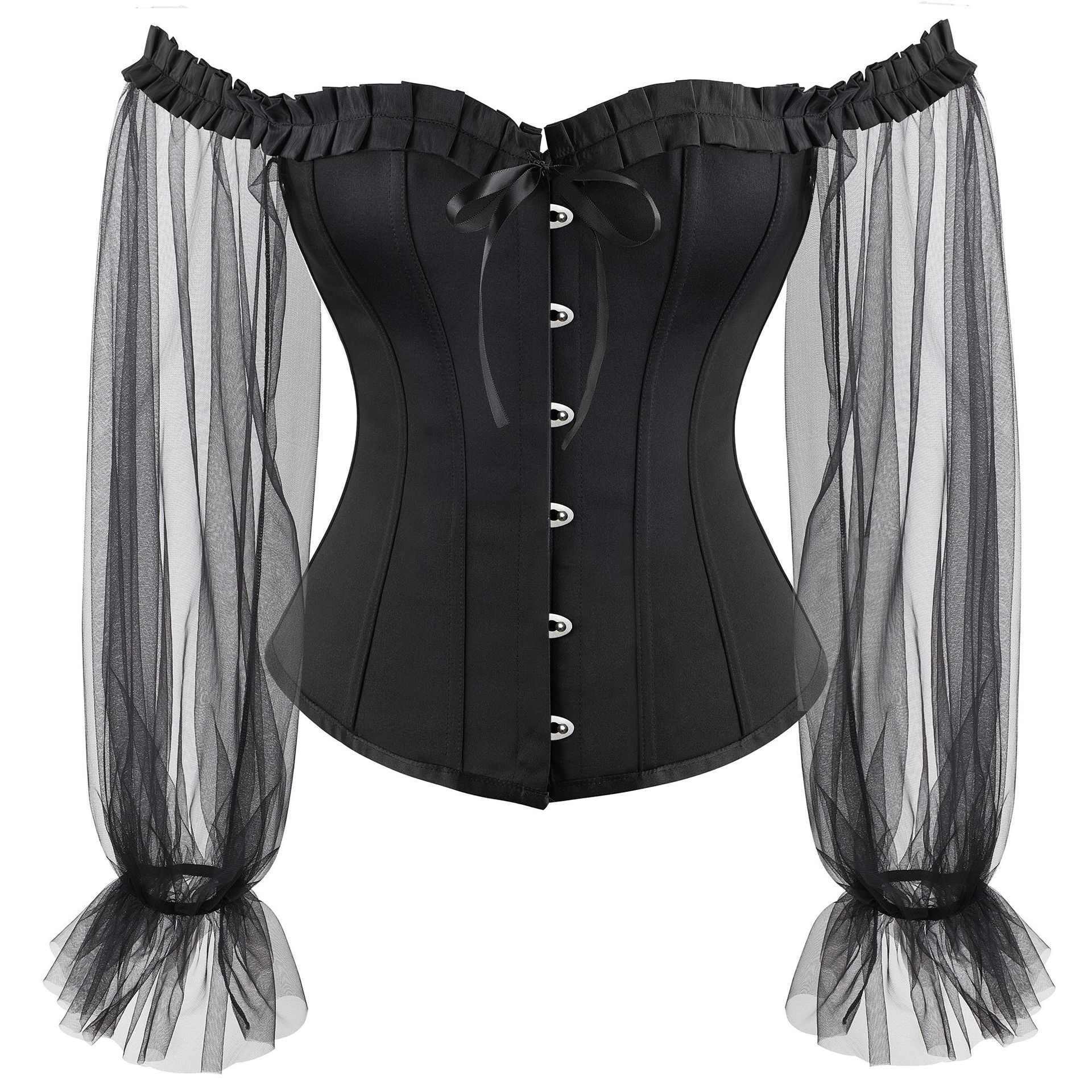 Corpiño gótico y corsé para adelgazar la cintura, corsé para mujer, Top, Blusa de manga larga, correa de modelado con hombros descubiertos: 3759 black / M