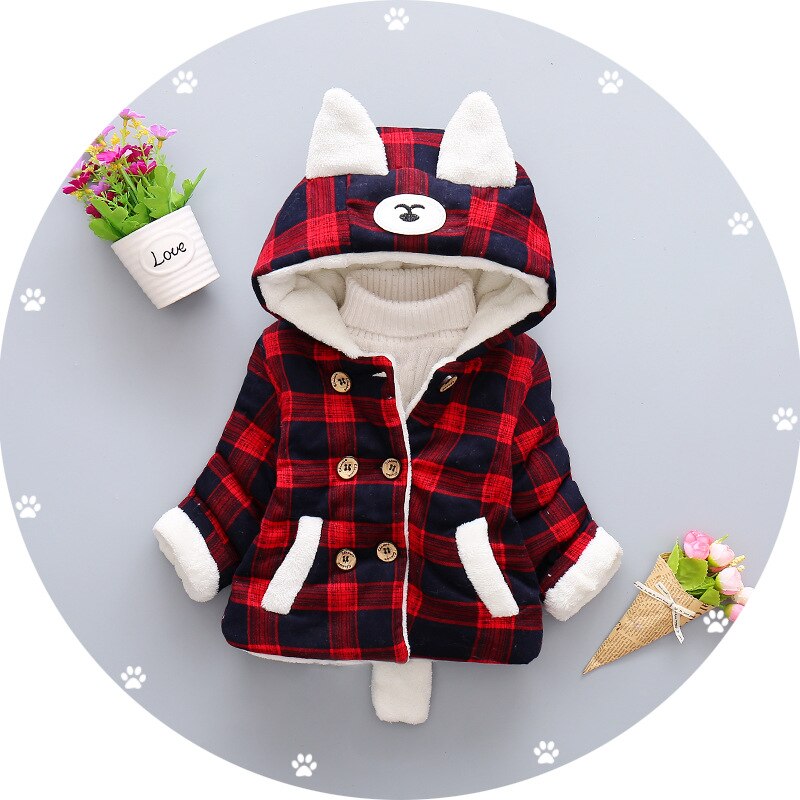 Kinderjassen winter fleece outdoor voor jongens capuchon warme kinderen jongen vos oor windjack herfst casual baby jongen geruite jassen: Ws213- rode / 7t