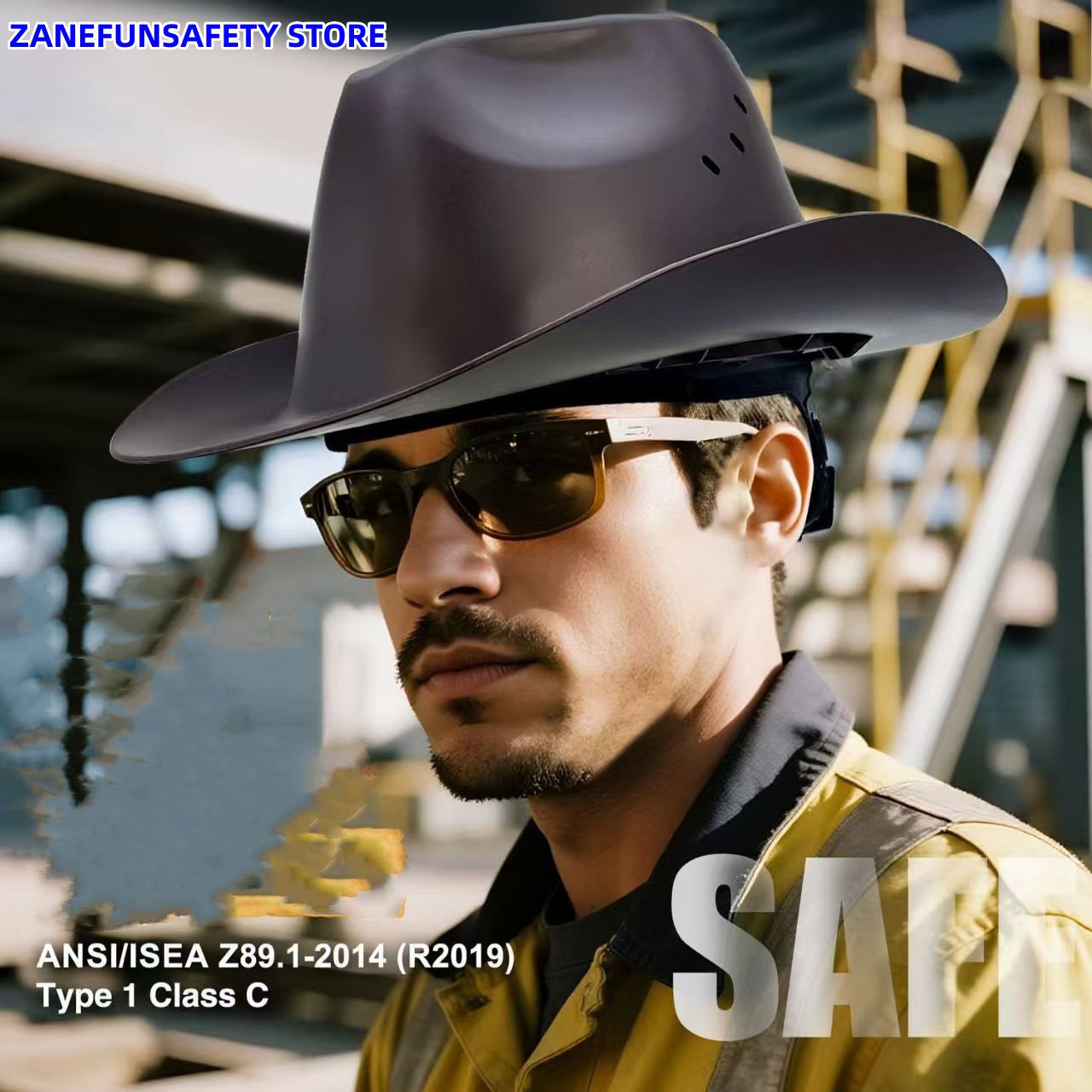 Full Brim Cowboy Hard Hat with High Goggles Outdoor Protective Safety Helmet ANSI Certified Sunshade Hard Cap