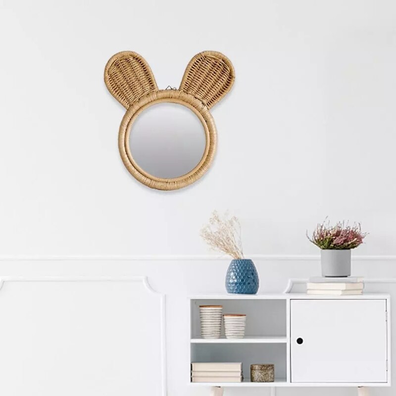 Wall-Mounted Mirror Handmade Natural Rattan Makeup Mirror Cute Monkey Shape Mirror Home Bathroom Decoration