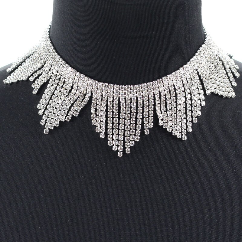 Luxury Crystal chokers necklaces for women rhinestone chocker tassel Statement necklace maxi jewellery: silver