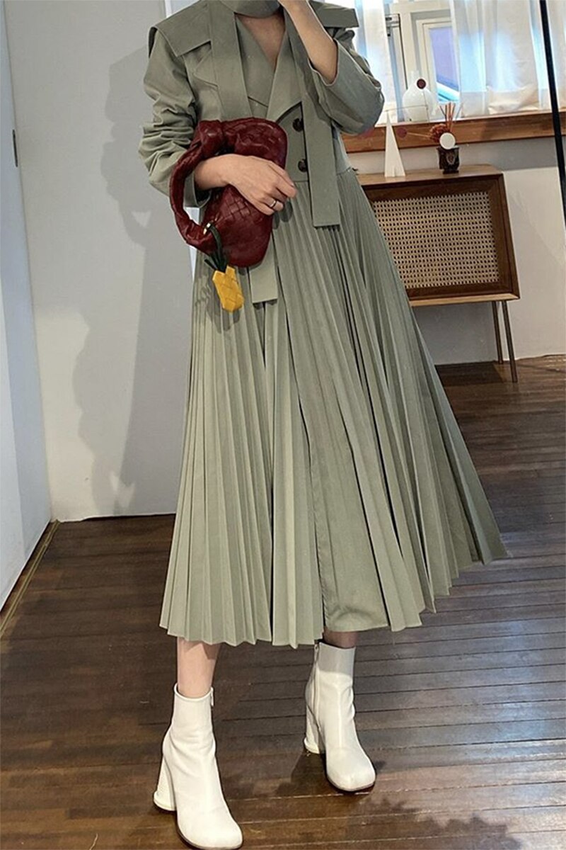 Trench-Coat plissé Double boutonnage pour femme, manteau Long Vintage, Style anglais, coupe-vent féminin avec ceinture