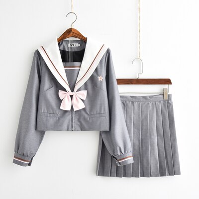 Autumn Summer Japanese School Uniform Harajuku Preppy Style JK School Uniform gray long short sleeves Women Suit: long sleeves / L