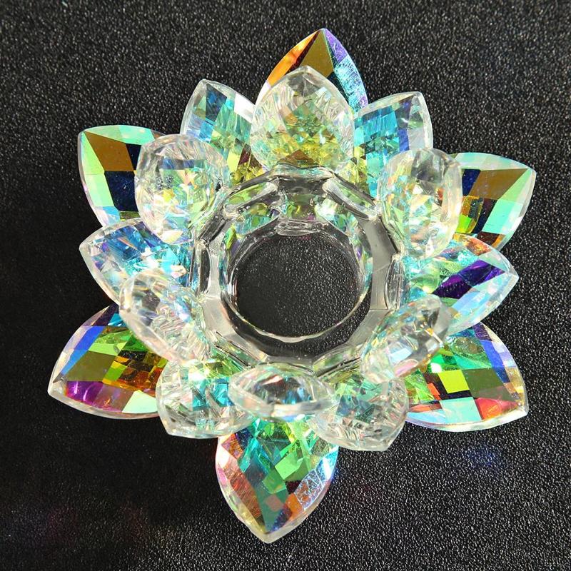 Suporte de vela de lótus transparente colorido cristal rack castiçal ornamento presente casa templo budista decoração