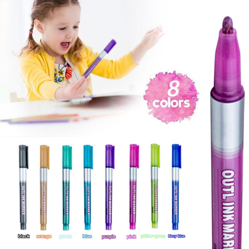 Rotulador marcador de contorno de doble línea, conjunto de marcadores metálicos de Color metálico, bricolaje, herramientas de pintura artística, 8 unidades