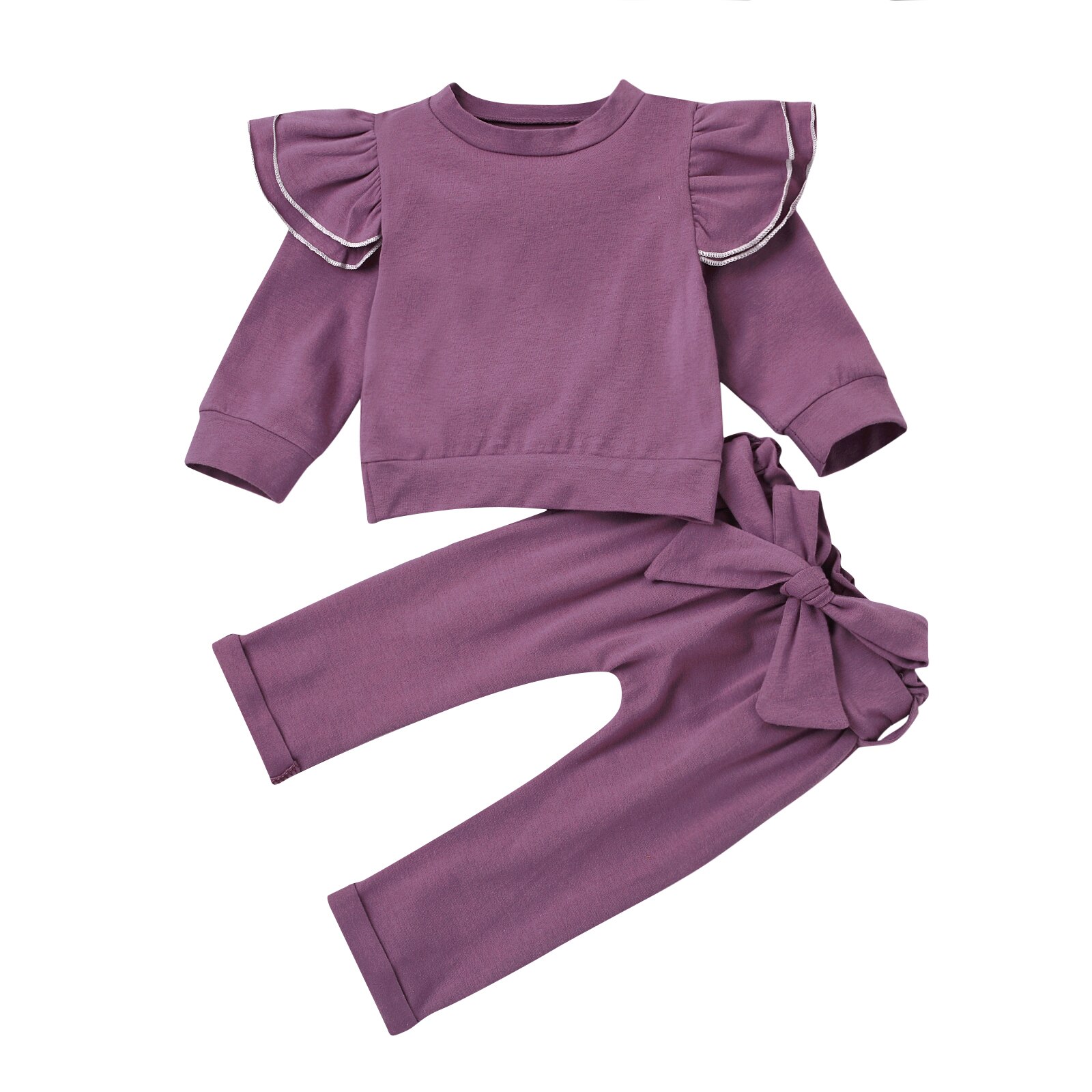 Focusnm 0-24m bebê recém-nascido meninas meninos conjuntos de roupas babados sólido manga longa pulôver moletom topos calças 2 pçs: ROXO / 6 m