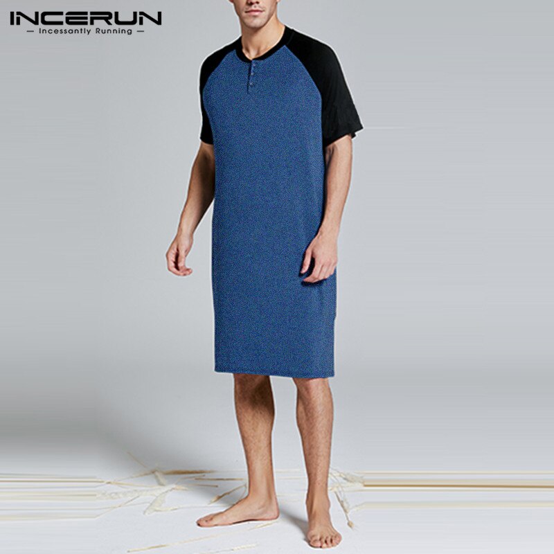 Man Sleep Tops Summer Short Sleeve Round Neck Patchwork Sleepclothes Men Sleepwear Nightshirts Loose Nightwear Homewear INCERUN