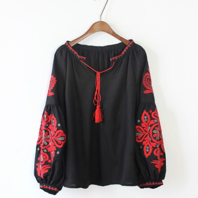 Vintage ethnique fleur broderie Blouse femmes chemise gland à lacets col haut pour Femme Femme manches longues grande taille Blusa: Black