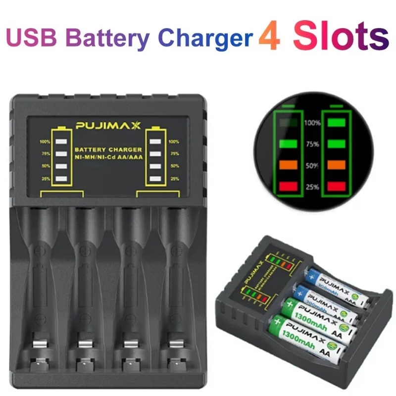 Wiederaufladbares AAA/AA-Batterieladegerät für wiederaufladbare Ni-MH Ni-Cd-Zellen, Haushaltsbatterie-Ladezubehör mit LED-Anzeige