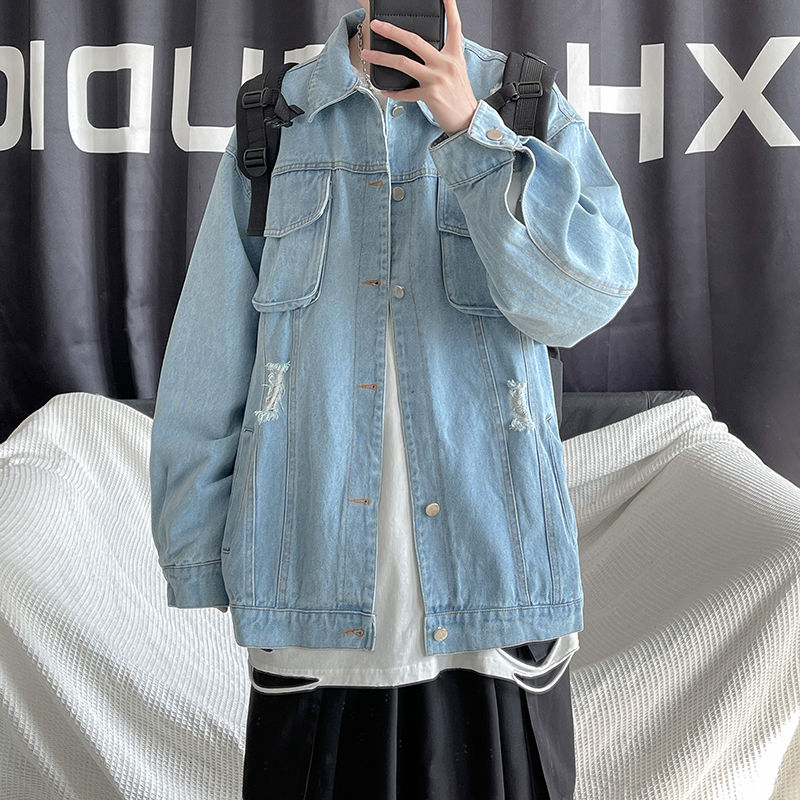 Katoen Ripped Denim Jas Heren Mode Retro Toevallige Gat Denim Jassen Heren Streetwear Koreaanse Losse Hip-Hop Bomber jas Mannen