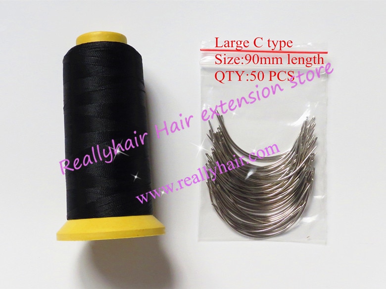 Gratis bezorging 50 stks grote type c haar weven naalden gebogen naalden met 1 roll zwarte draad nylon weven draad