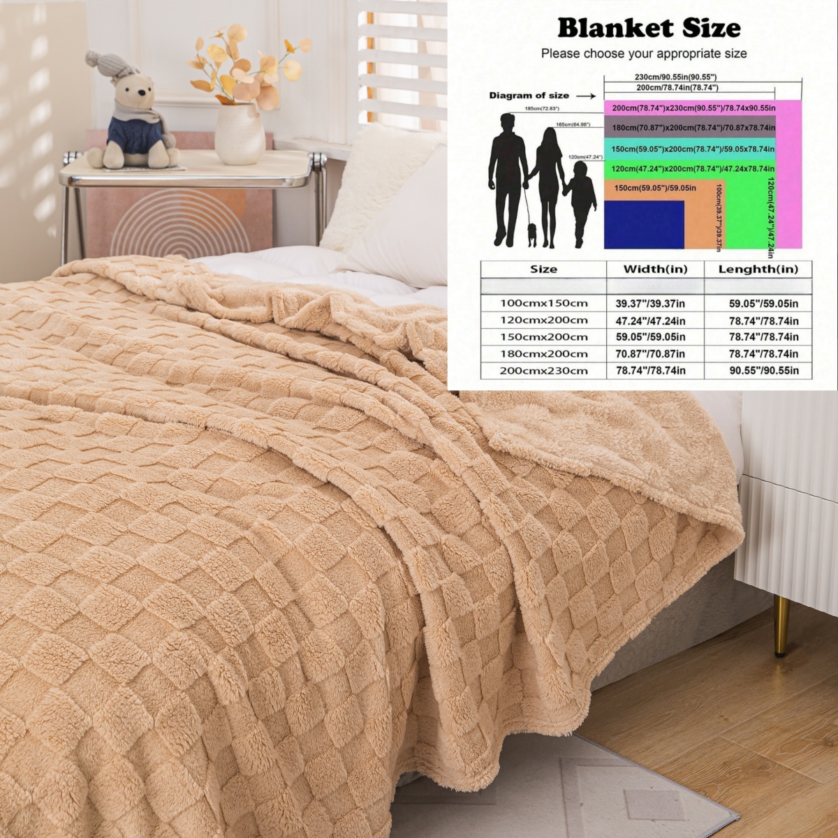 Coperta da tiro grigio pallido a quadretti in morbido mucchio di peluche - Coperta da divano da viaggio Boho accogliente per esterni a grandezza naturale, tiro con struttura cialda