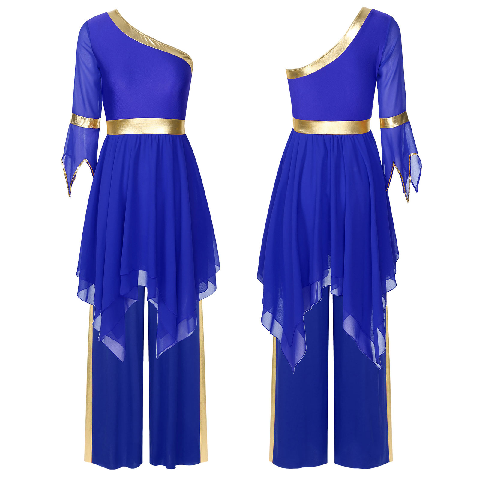 Tenue de culte de chorale d'église liturgique pour femmes, Costume de danse lyrique, asymétrique épaule dénudée, manches évasées, robe avec pantalon à jambes larges: XL / Marron