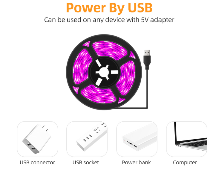 Led vækstlys fuldt spektrum usb vækstlysstrimmel 0.5m 1m 2m 2835 chip led phyto lampe til planter blomster drivhus hydroponisk