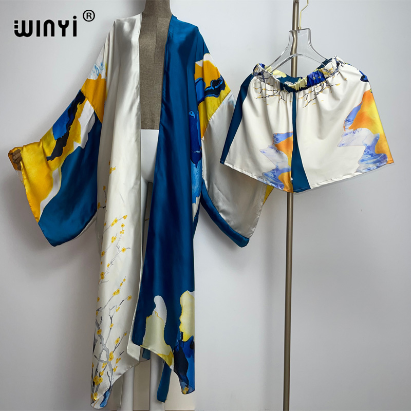 WINYI zwei-stück anzug Boho Gedruckt Über Größe V-ausschnitt langarm Kleid Frauen Seide gefühl Bodenlangen Neue kleid: Gold