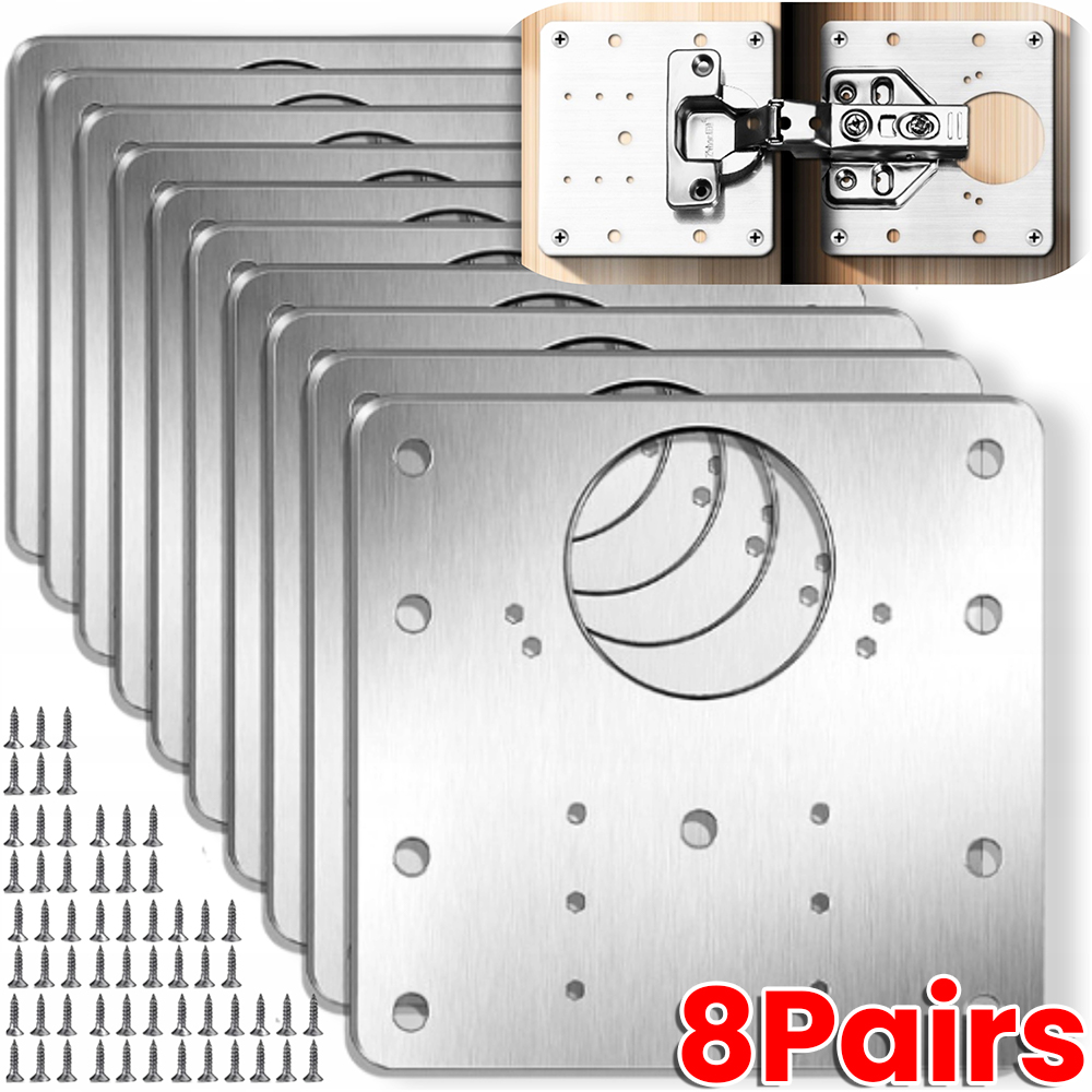 1/8Set Hinge Repair Plates Stainless Steel Cabinet Door Hinge Mounting Plate with Screws Flat Fixing Brackets Kitchen Hardware