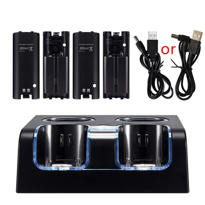 4 in 1 LED Remote Control Charging Dock Station + Rechargeable 4 x 2800mAh Battery USB Cable for WII / WII u: Black