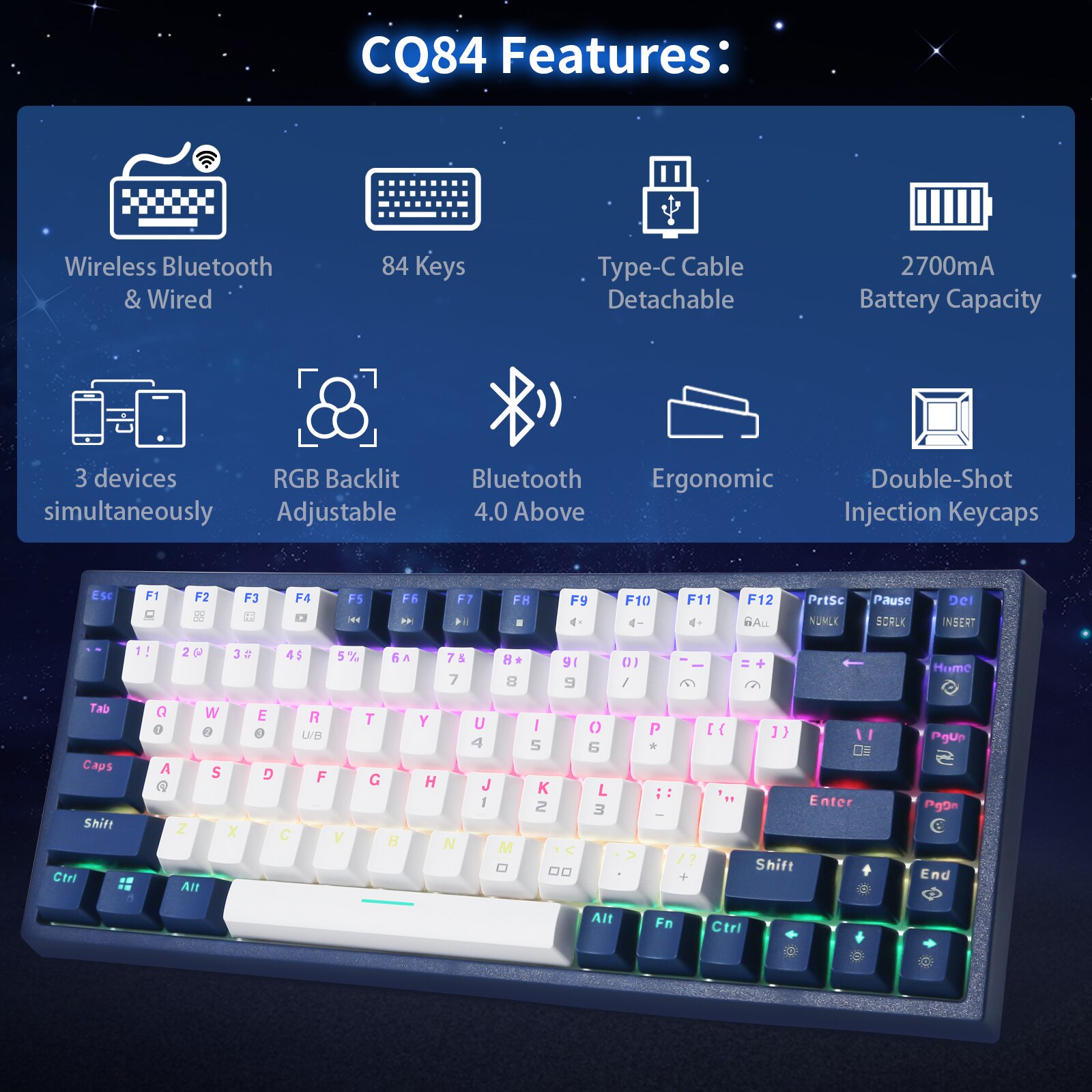 HUO JI CQ84 84 Key Mechanical Keyboard USB Wired RGB Gaming Mechanical Keyboard Support Bluetooth Red Blue Switch For Desktop