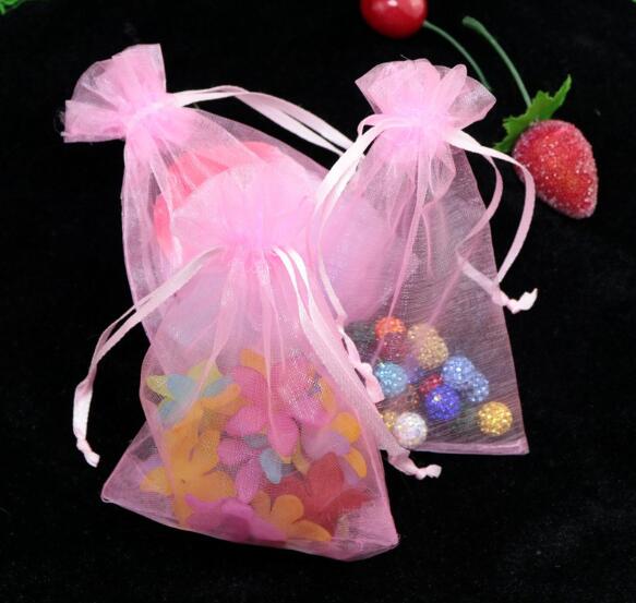 10*15cm gennemsigtige poser slik chokolade emballage lille smykkeskrin organza poser favorisere poser med snoretræk: Lyserød