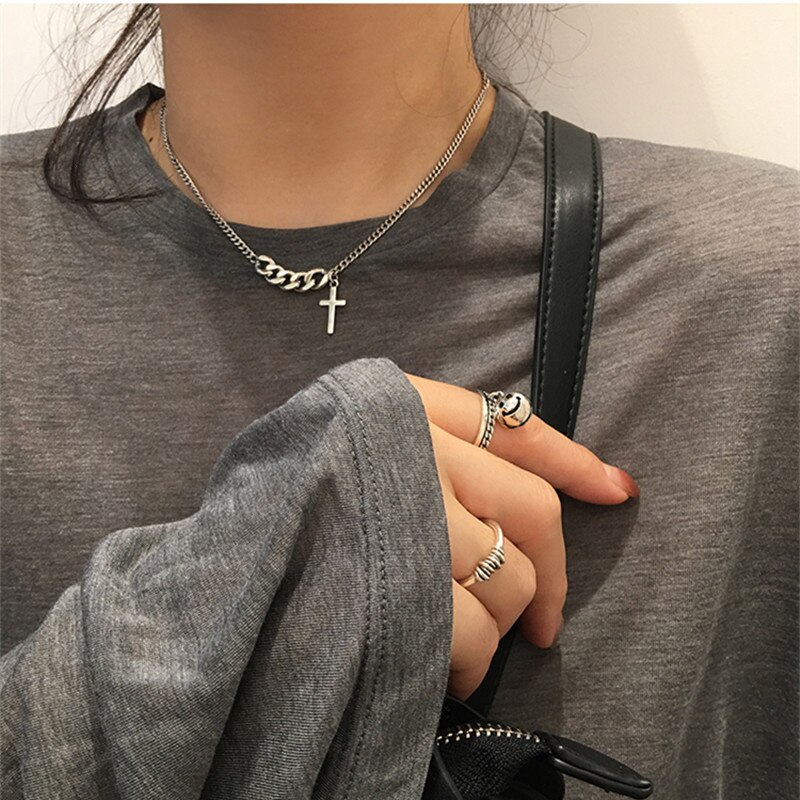 Kpop Vintage Stainless Steel Cross Short Necklace Sweater Chain For Men Woman Statement Egirl Bff Harajuku Party Jewelry