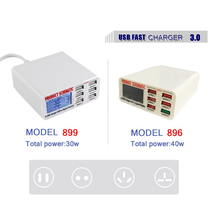 6 Port Digital Display USB Charging Station EU US Plug Cell Phone USB Rapid Charger for Phone X 8 7 6 Pad Pro Air