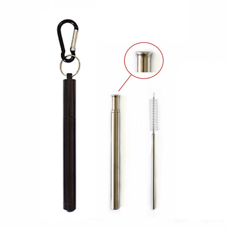 Collapsible Reusable Straw Portable Stainless Steel Telescopic Metal Drinking with Case and Brush for Travel Outdoor: Black