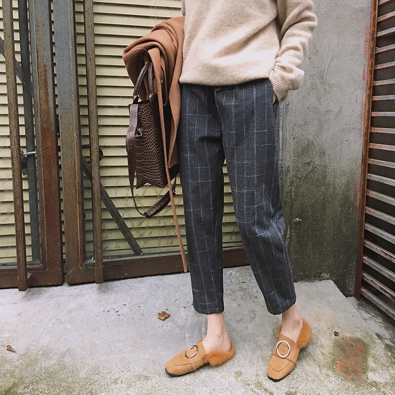 Kvinder bukselommer plaid kvinder løs afslappet kvindelige højtaljede bukser kvinder koreansk stil retro chic studerende piger