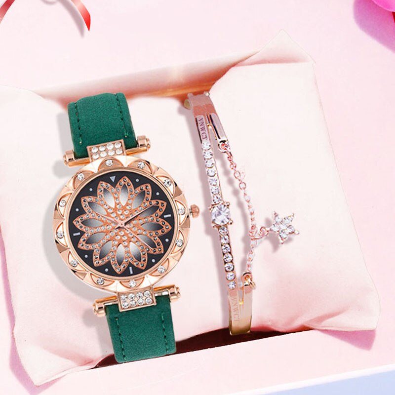 Luxury Women Watches Bracelet set Starry Sky Ladies Bracelet Watch Casual Leather Quartz Wristwatch Clock Relogio Feminino: Green bracelet