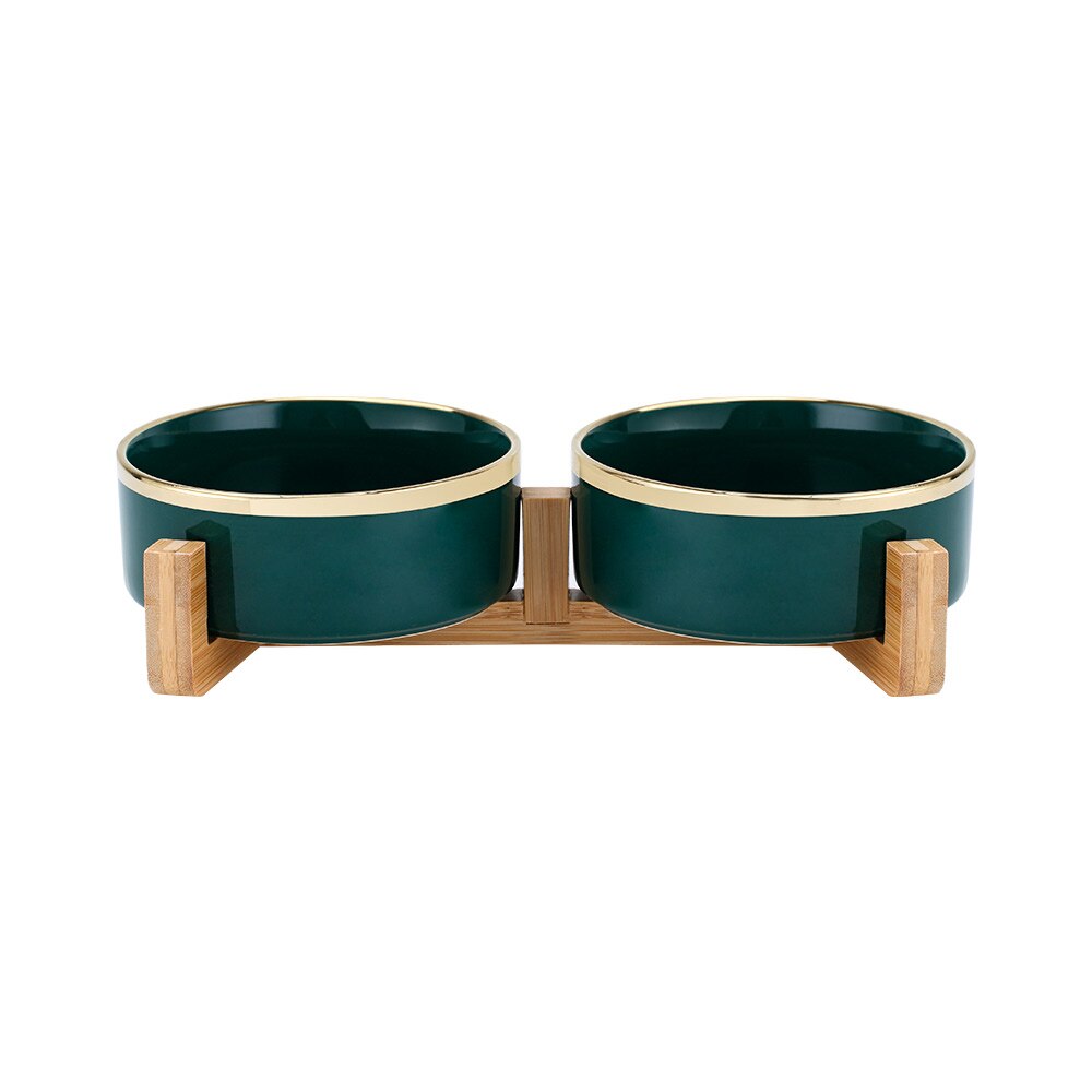 Bol pour chat surélevé en céramique avec support en bois, nourriture pour animaux domestiques, distributeur d'eau pour chats et chiens: Green gold-2 / S