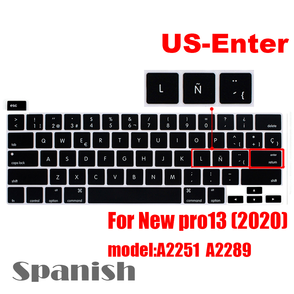 Dla macbook pro13 2020 pokrywa klawiatury Laptop folia ochronna 13 cali A2289 A2251 pokrywa klawiatury silikonowej rosyjski francuski hiszpański: US-Enter Spanish