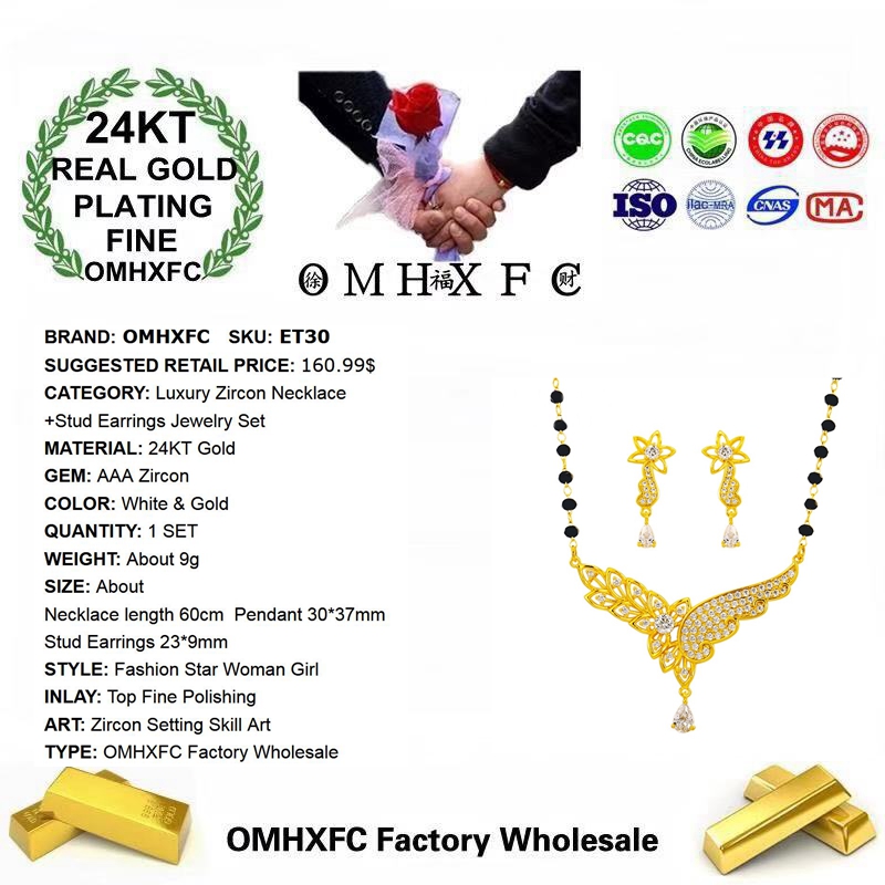 OMHXFC ET30 Europese Mode Vrouw Meisje Party Verjaardag Huwelijkscadeau Wing 24KT Gouden Ketting + Stud Oorbellen Sieraden Set