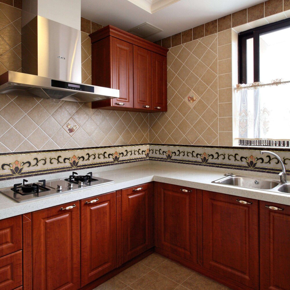 1 Pc Wallpaper Border Sticker PVC Gold-plated Self Adhesive Floral Stickers Simulation Tiles Waist Line Wall Sticker