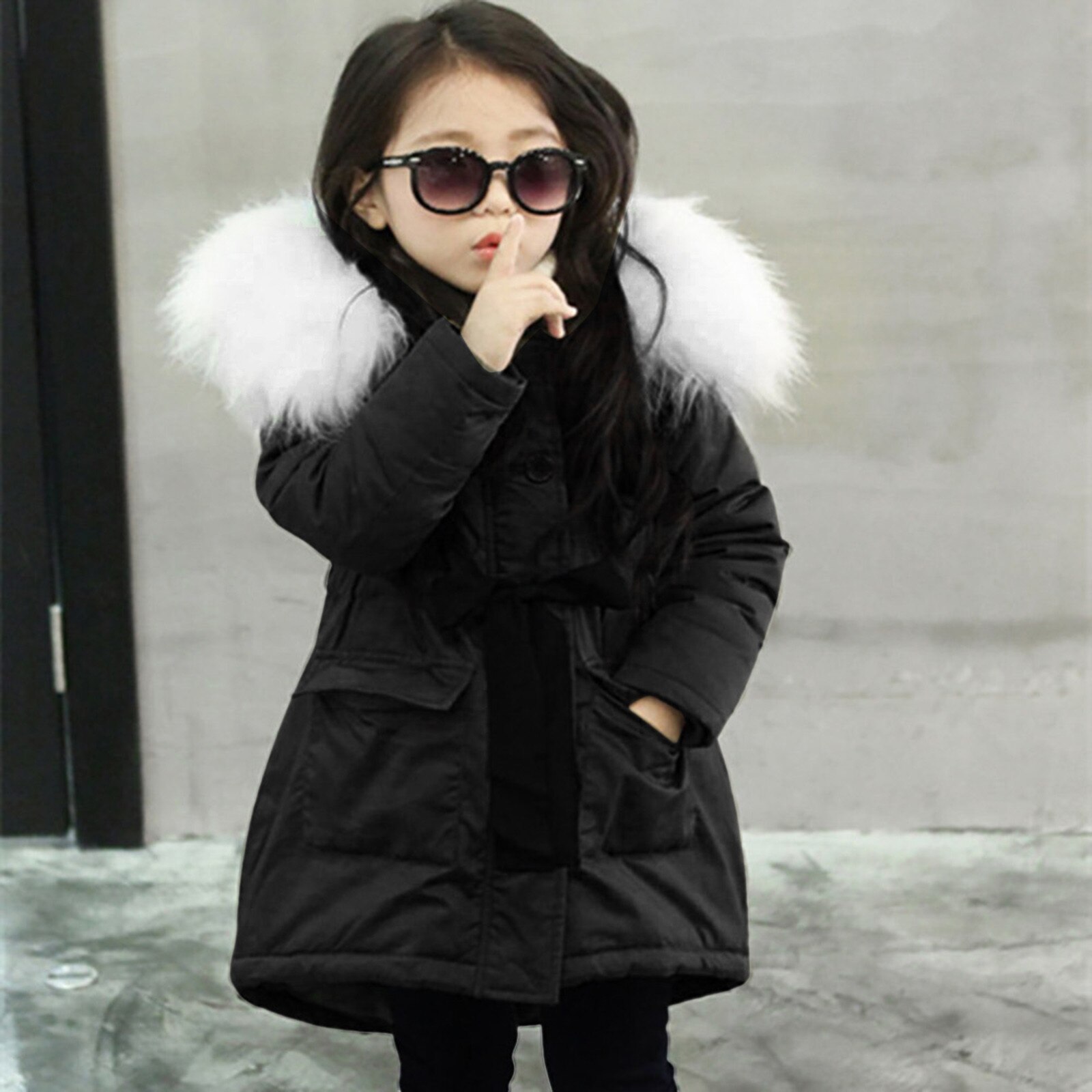 Toddler Girl Winter Clothes Pocket Baby Girl Fur Hooded Tops Solid Padded Coat Kids Long Thicken Warm Jacket Зимний Комбинезон Д