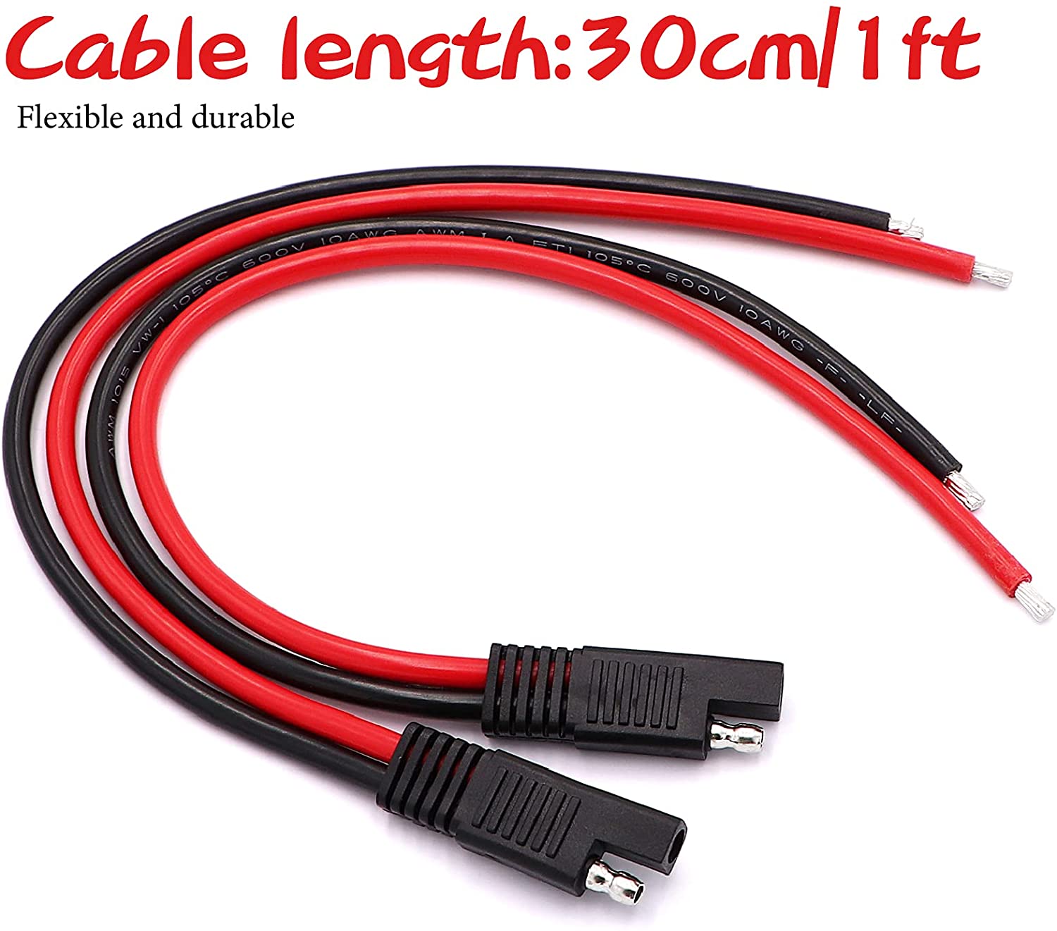 Lot de 2 rallonges avec connecteur SAE, 10awg, 1ft, câble d'extension pour automobile, connecteur à déconnexion rapide SAE, panneau solaire