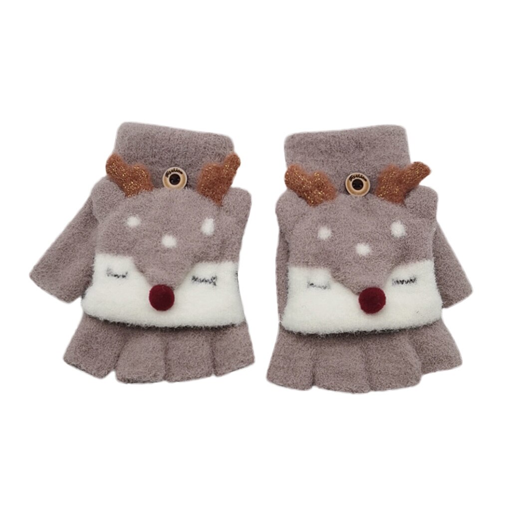 Christmas Kids Half Finger Antler Gloves Baby Boy Girl Warm Convertible Flip Top Gloves Cute warm baby gloves Guantes de: Beige A