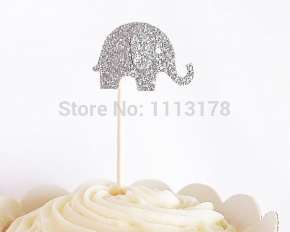 Zilveren Glitter Olifant Cupcake Toppers-Verjaardagen, partijen, bruiloften, decoratie, Baby Douche cupcake topper24pcs