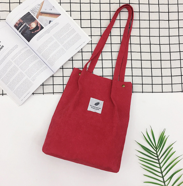 Women Corduroy Shopping Bag Female Canvas Cloth Shoulder Bag Environmental Storage Handbag Reusable Foldable Eco Grocery Tot: red