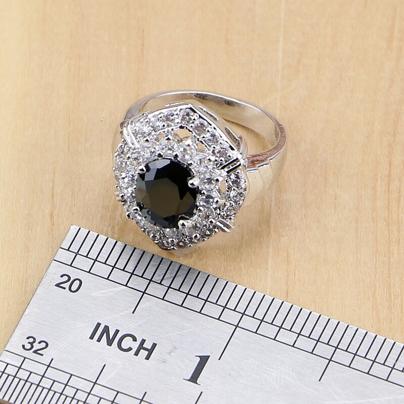 Oval 925 sølvsmykker sort cz hvid cubic zirconia smykkesæt til kvinder fest øreringe / vedhæng / halskæde / ringe / armbånd