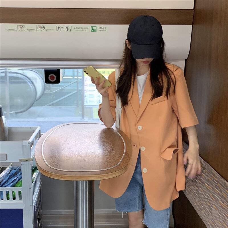 Blazers Vrouwen Zomer Dunne Koreaanse Oranje Losse Temperament X-Lange Mode All-Match Zakken Kantoor Dame Korte mouwen Uitloper