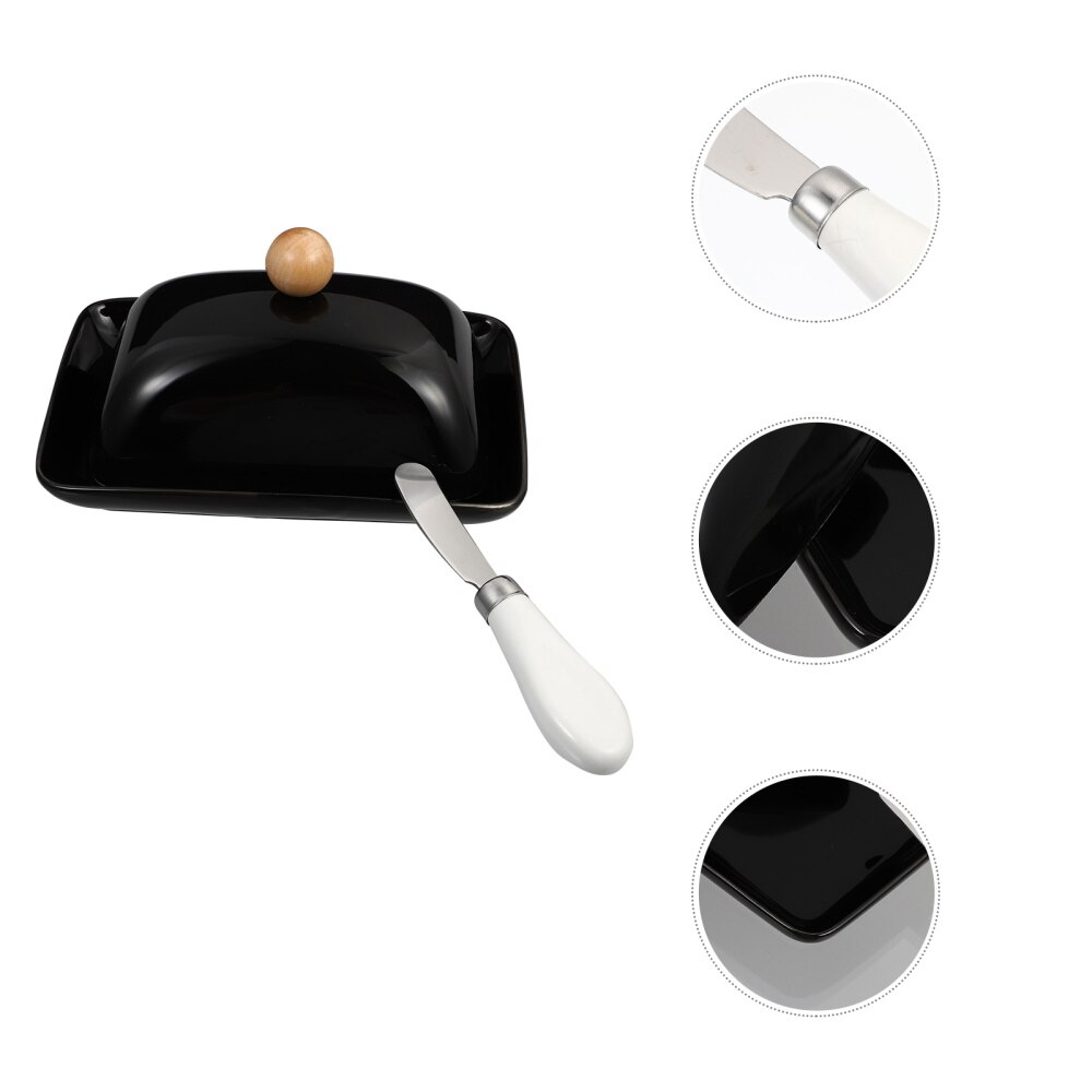 1Pc Keramische Butter Case Met Deksel Multifunctionele Kaas Lade Container Met Cutter: Black