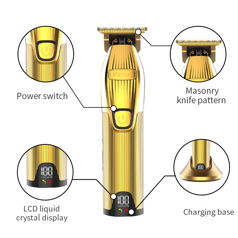 Kemei Professionele Oplaadbare Tondeuse Draagbare Goud 0Mm Cordless T-Blade Tondeuse Scheren Voor Stylisten Kapper