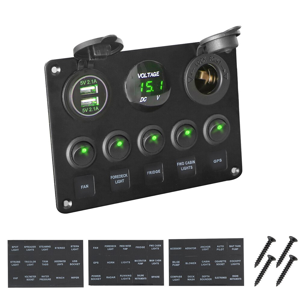 5/6 Gang Rocker schalten Tafel Mit Sicherung 4,2 EIN Dual USB Slot Steckdose Digital Spannung Anzeige für Marine Stiefel Auto lkw Wasserdicht: 5 Gang  Rocker Grün