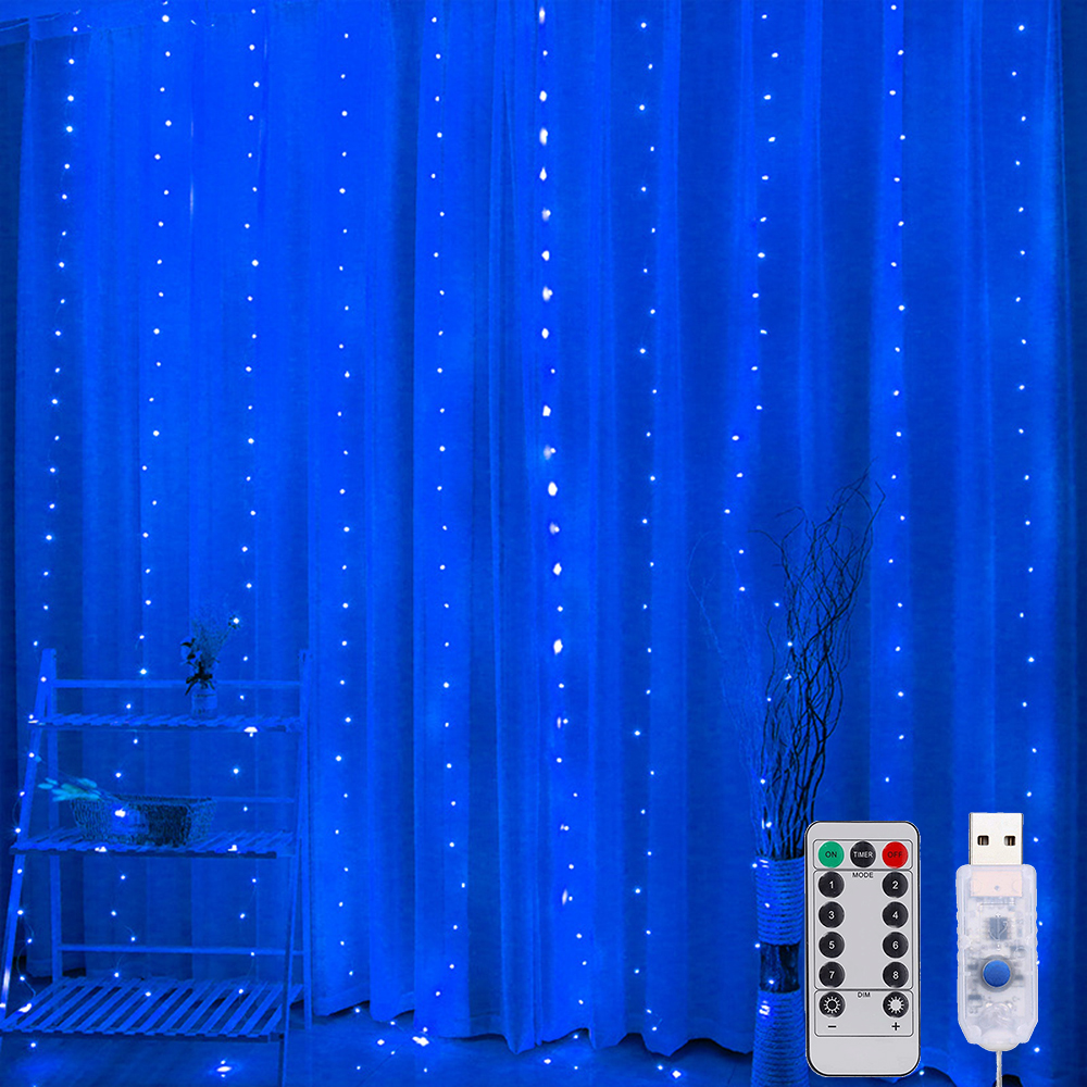 Guirnalda de cortina LED con 8 modos para decoración de Año , Navidad, boda: Azul / O
